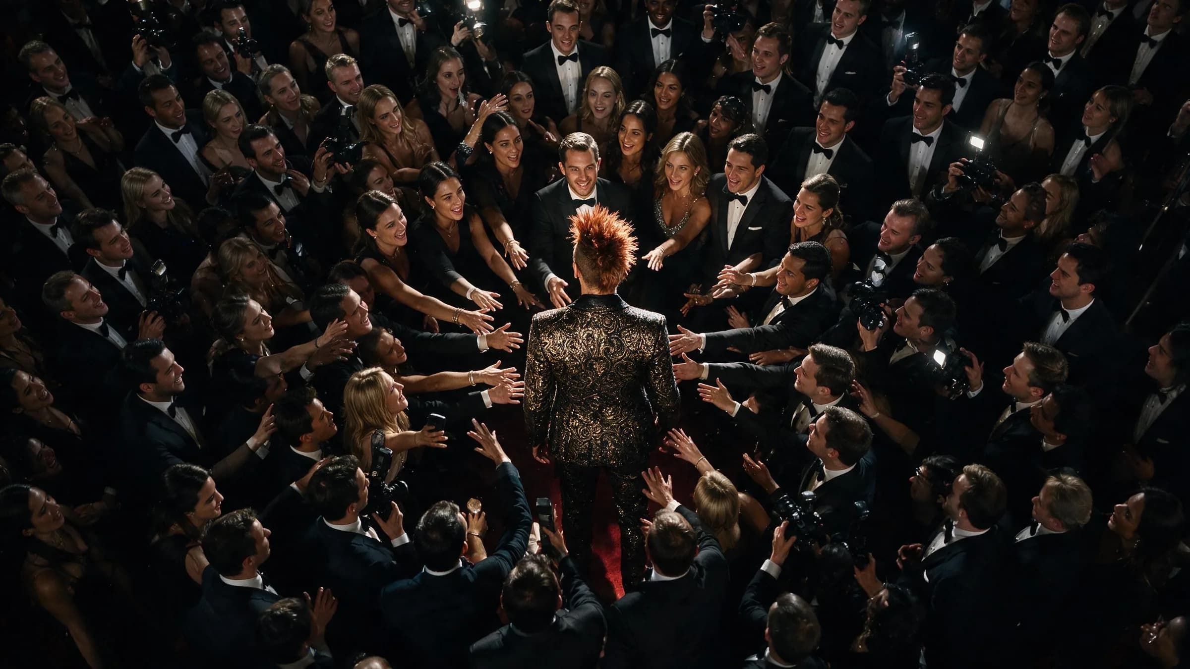A room of people in black tie, cameras up, every one of them turned toward a single figure in an embroidered tuxedo at the centre.